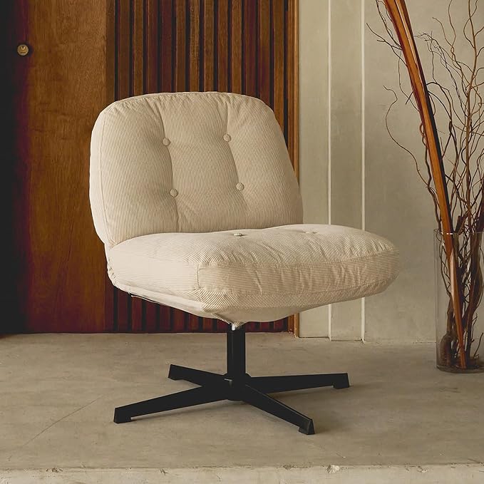 Nouhaus Balloon Criss Cross Chair Cross Legged Swivel Vanity Chair with Wide Comfy Padded Seat Armless No Wheels Fabric Modern Home Lounge Chairs for Living RoomBedroom(Beige)