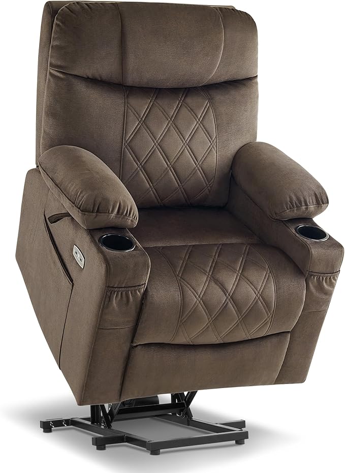 MCombo Small Size Triple Motor Power Lift Recliner Chair Sofa with Massage and Dual Heating Adjustable Headrest for Elderly People Petite USB Ports Extended Footrest Fabric 7222 (Coffee)