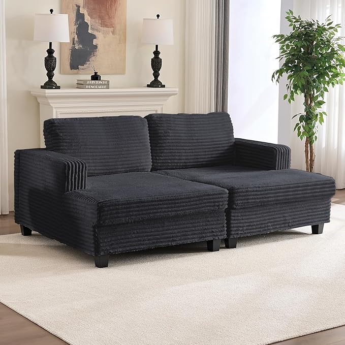 Mjkone 120 W Oversized Deep Seat Sofa Upholstered Corduroy 3 Seat Sofa Modular Sectional Couch with Wooden Frame Modern Sleeper Sofa Bed for Living Room Office Dark Grey