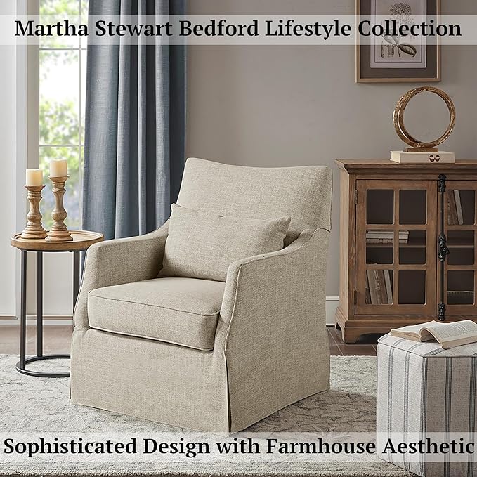 Martha Stewart London Swivel Chair - Solid Wood &amp Plywood Skirted Metal Base Accent Armchair Lumbar Pillow -Modern Classic Family Room Sofa Furniture Bedroom Lounge 28X31.5X35.25 Beige Mult