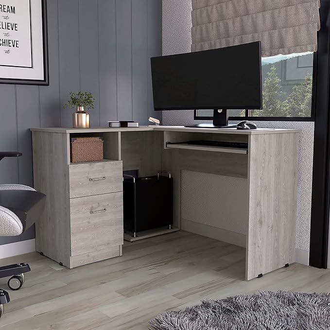 Light Grey L-Shaped Desk with 2 Drawers &amp Shelf - Spacious Work &amp Storage Space - Modern &amp Stylish Home Office