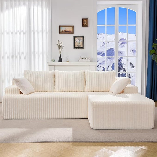 Modular Sectional Sofa Couches L-Shape Couch 3 Seat Modular Sofa Memory Foam Sectional Couches for Living Room Cloud Couch with Oversized Chaise (White Stripe 96 Right Facing Chaise)