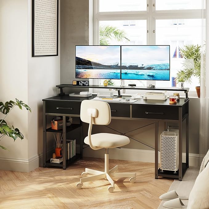 ODK Computer Desk with Drawers and Storage Shelves 48 inch Home Office Desk with Monitor Stand Modern Work Study Writing Table Desk for Small Spaces Black