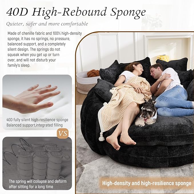 81” Oversized Upholstered Round Sofa Bed Circle Chaise Lounge Chair Indoor Modern Chenille Cloud Couch with 14 Pillows Comfy Bean Bag Chair Reading Couch Fluffy Sleeper Sofa for Living Room(Black)