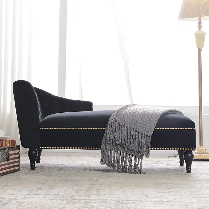 Velvet Upholstered Sofa Chaise Loungers 58 Chaise Lounge with Nailhead Trim and Solid Wood Legs Button Tufted Right Arm Facing Lounge Chair for Living Room Sleeper Lounge Sofa