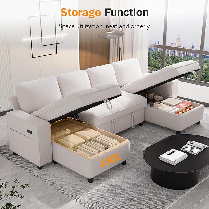 Sunny Heart Modular Sectional Sleeper Sofa with Pull Out Bed Chenille U Shaped Sectional Sofa with USB Ports/Adjustable Backrest/2 Storage Seats Tool-Free Assembly Couches for Living Room Beige