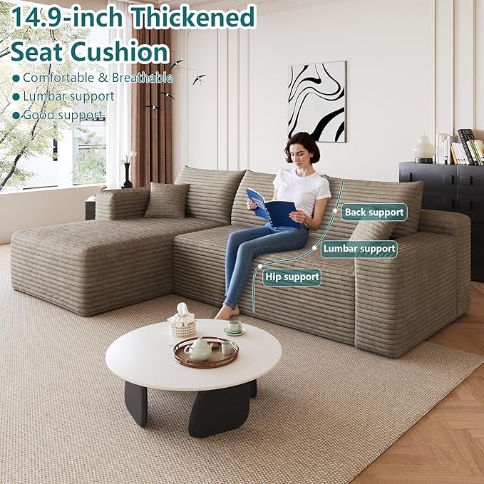 95 Cloud Sectional Sofa Boneless Couch for Living Room Modular Sectional Sofa with Deep Seat Fluffy Comfy Corduroy Couch with L-Shaped Chaise No Assembly Required (Camel Left Facing)