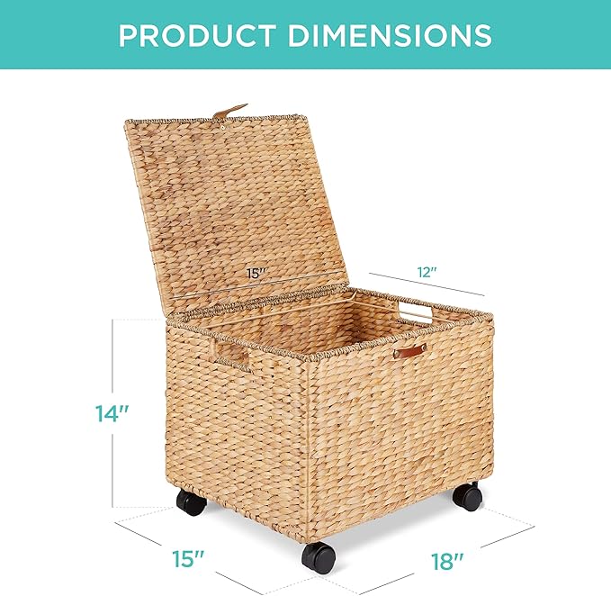 Best Choice Products Handwoven Water Hyacinth Rolling Filing Cabinet Mobile File Organizer for Hanging Folders W/Lid and Locking Wheels For Home or Office – Natural