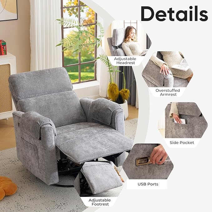 Oversized Power Recliner Chair 26 Extra Wide Swivel Rocker Recliner with Adjustable Headrest Chenille Glider Rocking Nursery Chair with Overstuffed Armrest USB Ports Grey