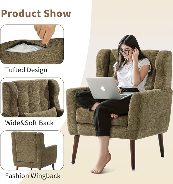 Modern Accent Chair Upholstered Arm Chair with Waist Pillow Single Sofa Chair for Living Room Bedroom Small Spaces (Olive)
