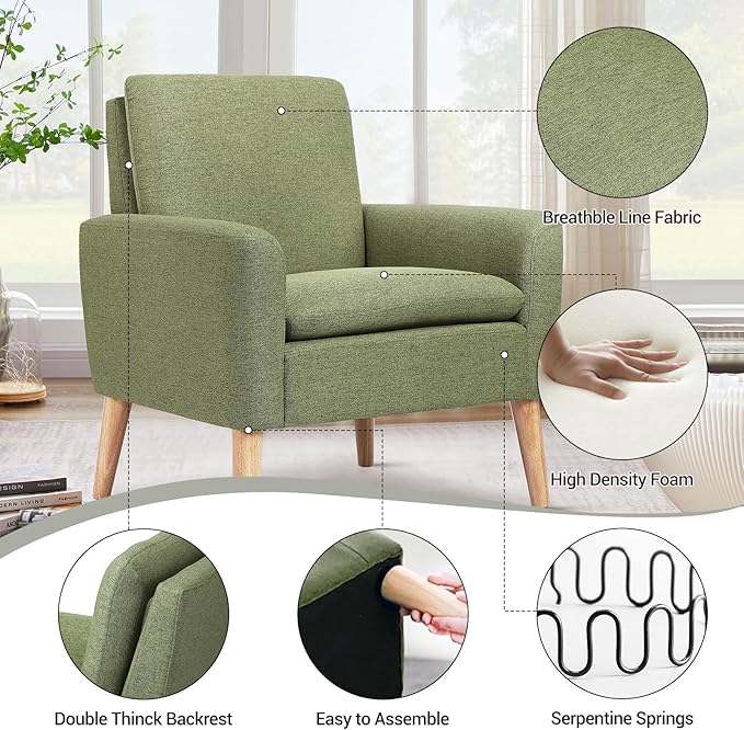 Lohoms Accent Chair Set of 2 Living Room Mid-Century Modern Chair Upholstered Fabric Comfy Club Armchair Pair of Leisure Sofa Chairs for Bedroom Small Apartment Office Green