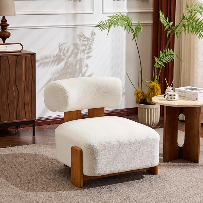 Christopher Knight Home Jillian Modern Boucle Upholstered Accent Chair Armless Living Room Single Lounge Sofa Comfy Reading Chair for Bedroom Low Profile Chair Milky White+Brown