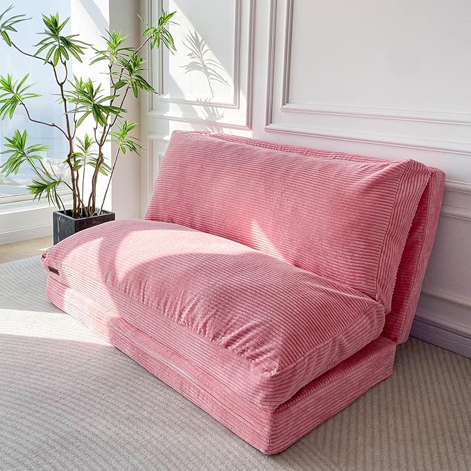 MAXYOYO Folding Sofa Bed Extra Thick and Long Floor Sofa Convertible Sleeper Chair with Washable Cover Floor Couch Lounge Bean Bag Bed for Living Room Pink 54x95 Inch