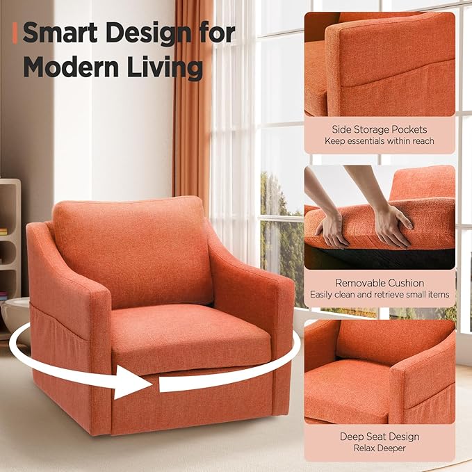 HOMREST 360° Swivel Accent Chair Single -Terracotta Orange Linen Fabric Armchair with Lumbar Pillow &amp Storage Pockets Ergonomic Barrel Chair for Living Room Office Bedroom