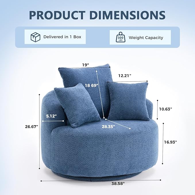 360°Swivel Accent Barrel Chair - 38.6W Boneless Oversized Upholstered with 3 Removable Pillows High-Resilience Sponge &amp Tuck Stitch Fabric Comfy Round Sofa Chair for Living Room Bedroom Apartm