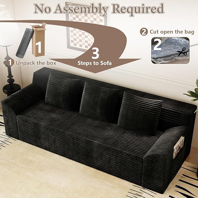 71 Cloud Corduroy Loveseat Couch in a Box Memory Foam Compressed Boneless Sofa with 3 Pillows &amp Side Pockets Couch for Living Room Bedroom Apartment No Assembly Required Black