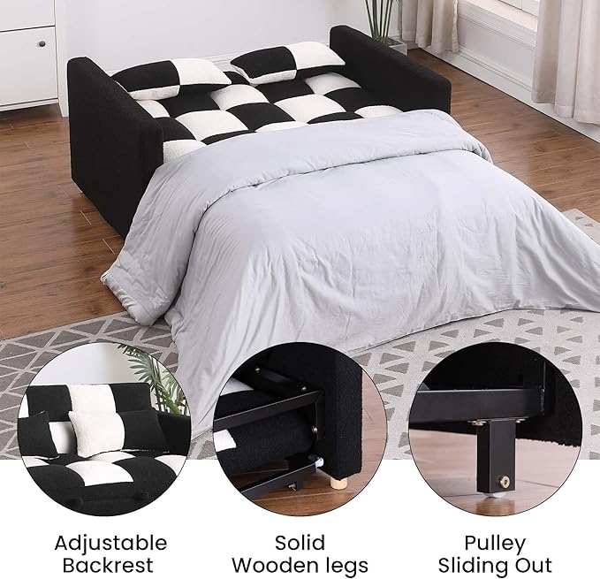 Loveseat Sleeper Sofa Bed Pull Out Couch with Adjustable Backrest and Soft Teddy Fabric Deal for Living Room and Small Spaces Black and White