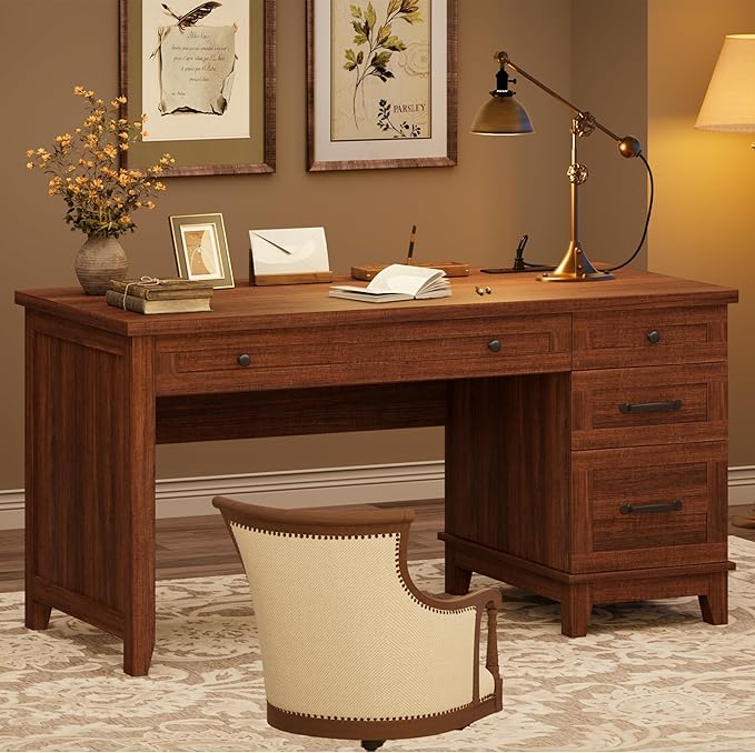 53.5 Executive Desk with Power Outlet Home Office Desk with Drawers Wooden Work Desk with File Cabinet Computer Desk for Work Study Writing Brown