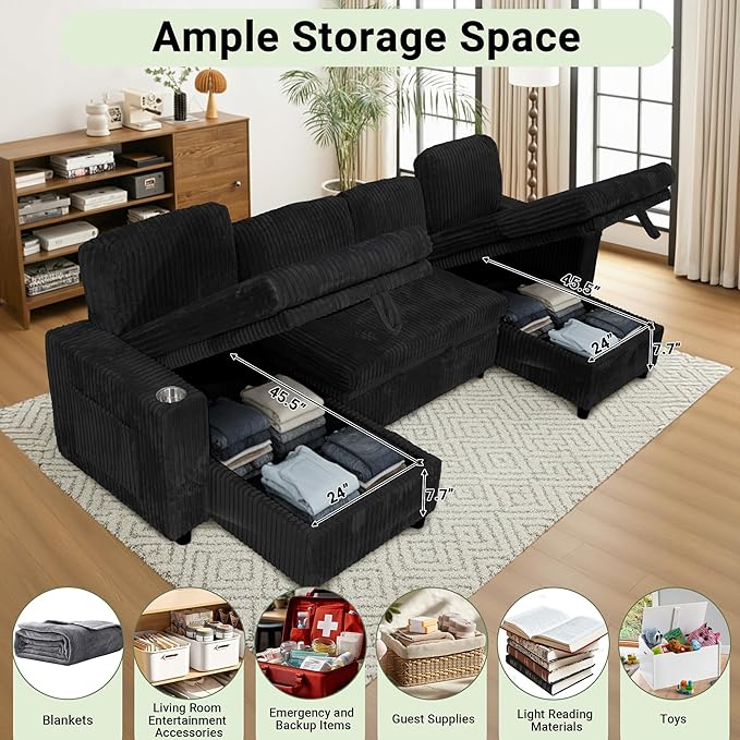 Sectional Sleeper Sofa with Pull Out Bed Storage Chaise Sectional Couches for Living Room Black Corduroy Couch with Storage Pull Out Bed 2 Cup Holders &amp USB Charging Ports Black