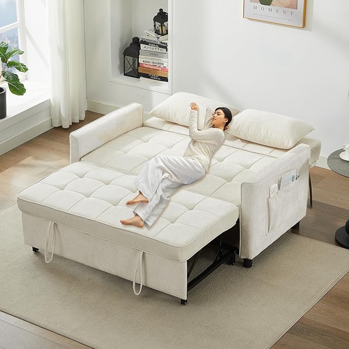 Tbfit 57 Convertible Sofa Bed Chenille Futon Sleeper Sofa Couch with Pullout Bed USB &amp Adjustable Backrest Full Size Pull Out Loveseat Couches for Living Room Apartment Office Dorm Beige