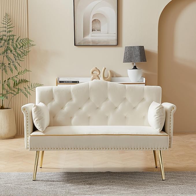KEIKI 55 Velvet Loveseats Sleeper Sofa with 2 Arm Pocket and 4 Solid Metal Legs Modern Style 2-Seater Couch with Tufted Back and Seat Easy Assembly for Apartment Living Room and Bedroom White