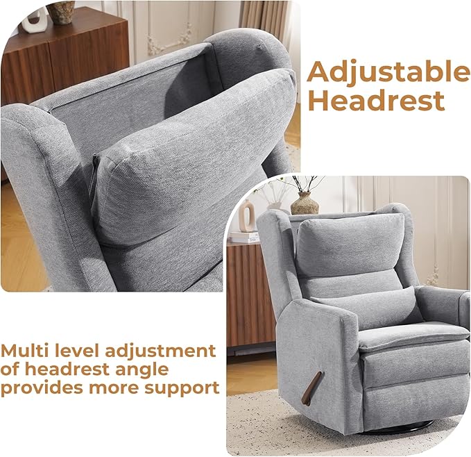 Swivel Rocker Recliner Chair Glider Rocker Recliner with Adjustable Headrest Nursery Rocking ChairManual Recliner with Side Pockets for Living Room &amp BedroomGrey