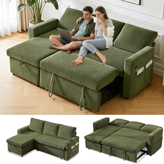 WEUP 82 L Shaped Sectional Sleeper Sofa Bed with Pull Out Bed Sectional Sleeper Couch Pull Out Couch with Reclining Backrest/Reversible Storage Chaise/USB Ports/Tool-Free Assembly Corduroy Green