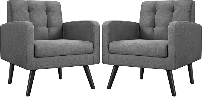 Yaheetech Mid-Century Accent Chairs Modern Upholstered Living Room Chair Cozy Armchair Button Tufted Back and Wood Legs for Bedroom/Office/Cafe Set of 2 Gray