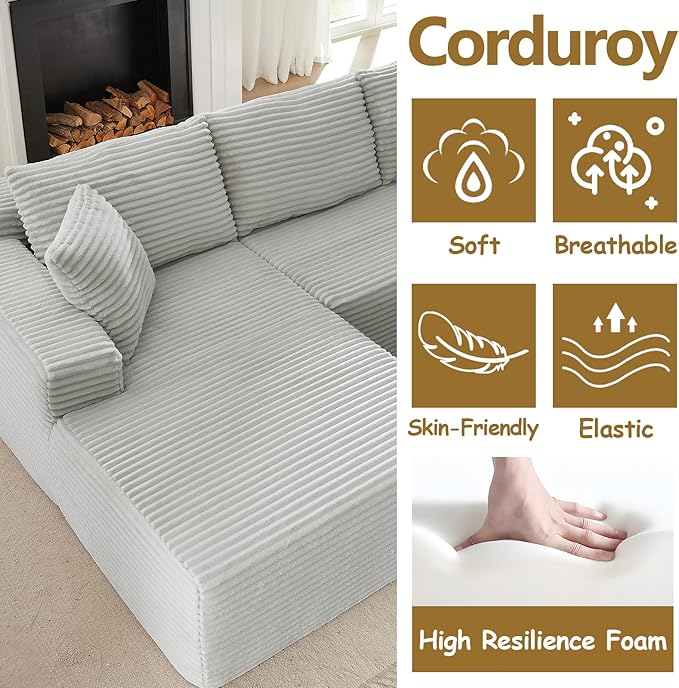 104 Boneless Sectional Couches L Shaped Couch with Deep Seat for Living Room Apartment Corduroy Memory Foam Couch with Comfy Pillows (Light Grey Left Chaise)