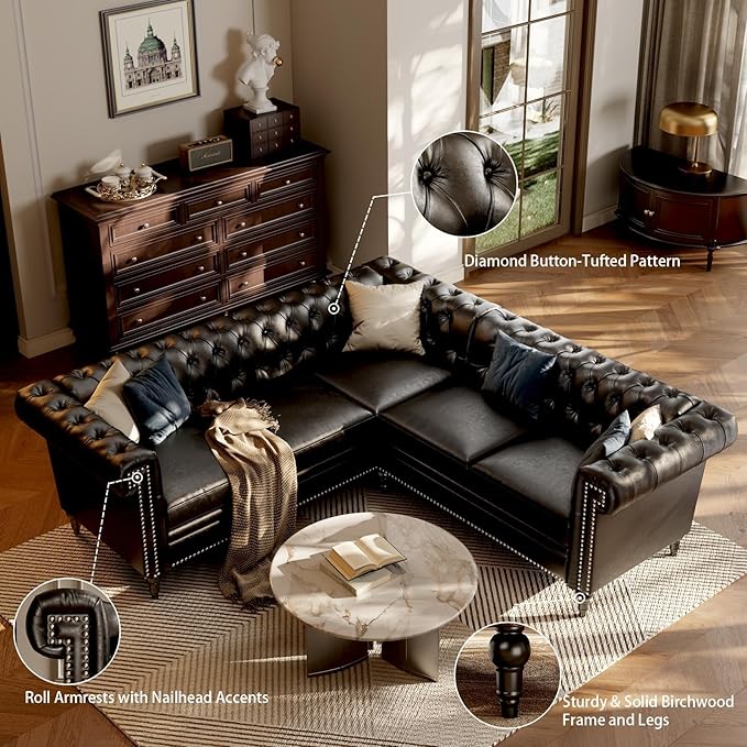 Faux Leather Sectional Sofa for Living Room Modern Chesterfield Reversible L Shaped Couch with Rolled Arms and Nailhead 5 Seat Corner Sofa Couch for Small or Large Space (Black)