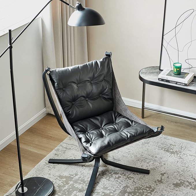 Living Room Chair Genuine Leather Butterfly Chair Handmade Iron Frame Reading Chair Modern Accent Chair for Study Room Reading Bedroom Living Room Office Black