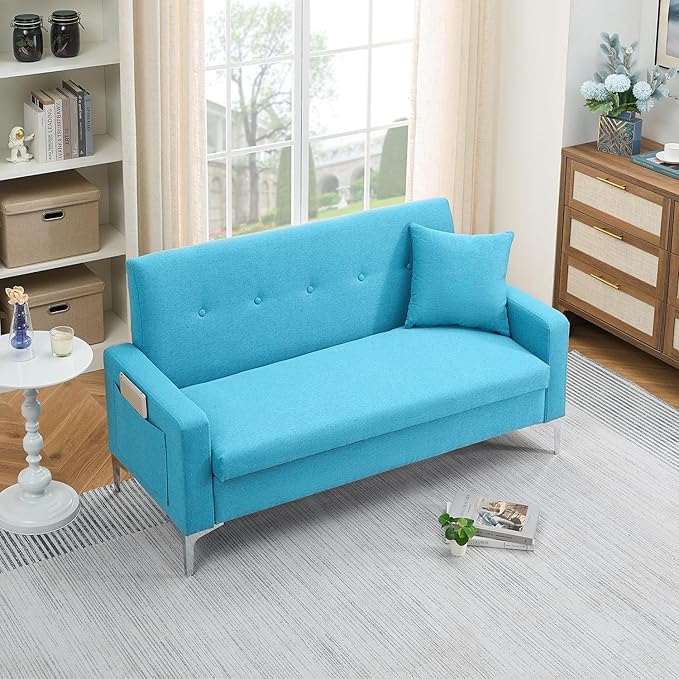 57 Blue Suede Couch Mini Comfy Sofa with Spring Cushions Loveseat Storage Sofa for Bedroom Small Couch for Small Spaces Modern Living Room 2 Seater Sofas with Pillow Seat (Blue)