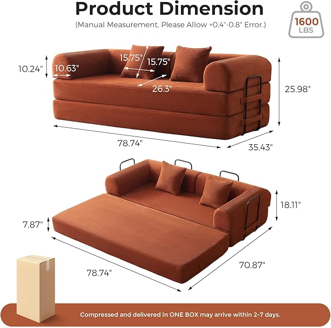 5-in-1 Convertible Cloud Sofa Bed | 79 Corduroy with High-Density Foam &amp 4 Reinforced Steel Frames | No Tools Setup Straight Armrests for Small Space Apartment Living (Orange)