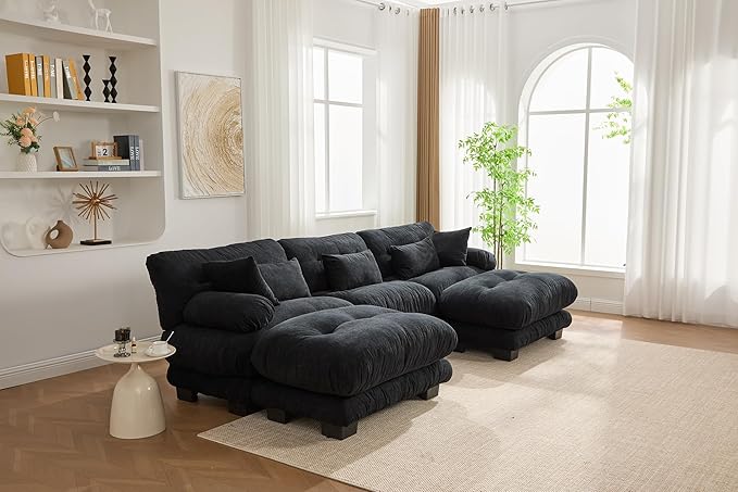 KEIKI 118 U-Shaped Oversized Pelletized Velvet Sectional Sofa with 2 Ottomans Free Combined 3-Seater Cloud Modular Couch with Bolster Armrest Pillow Easy Assembly for Apartment Living Room Black