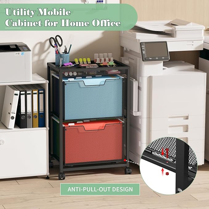 Rolling File Cart with 2 Drawers Under Desk Storage Cabinet with DIY Divider Letter/Legal Mobile Filling Cabinet on Wheels Hanging File Folders Organizer Metal Utility Cart for Home Office Black