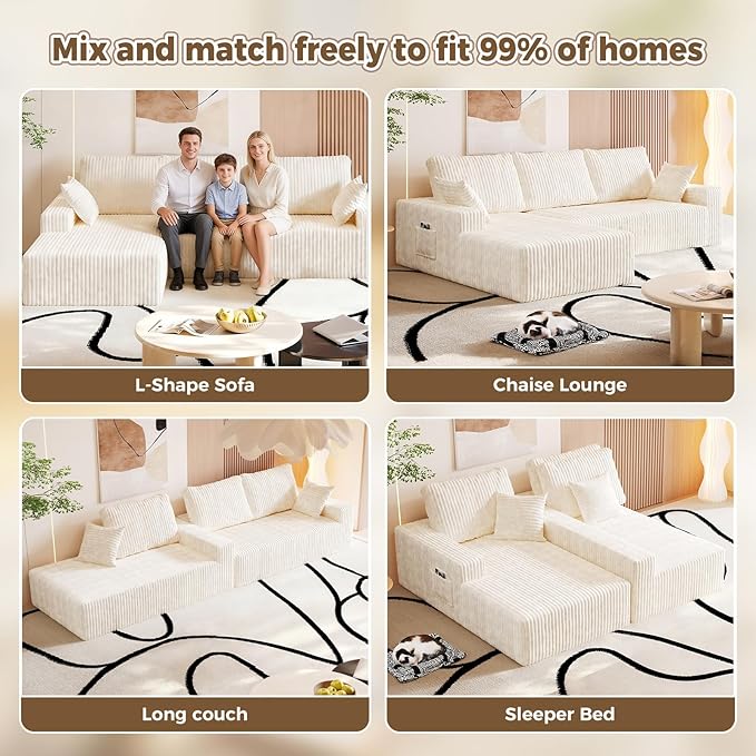 108” L Shape Sectional Boneless Couch35D Sponge Comfy 3 Seat SofaCloud Thickened FlannelModular Couches for Living RoomNo AssemblyDeep SeatOversized Chaise (White 108 Right Chaise)