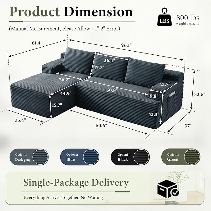 96 Sectional Couches for Living Room Cloud Couch Sofa with L-Shape Upholstered Boneless Couchs Modern Modular Sectional Couch with Chaise (Dark Grey 96 W+Left Facing Chaise+2Seaters)