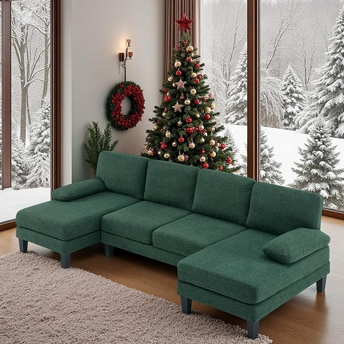VINGLI 110' U-Shaped Sectional Couch with Two Chaise Affordable Small Sofa with 4 Seats Chenille Fabric Comfy Couches for Living Room Dark Green