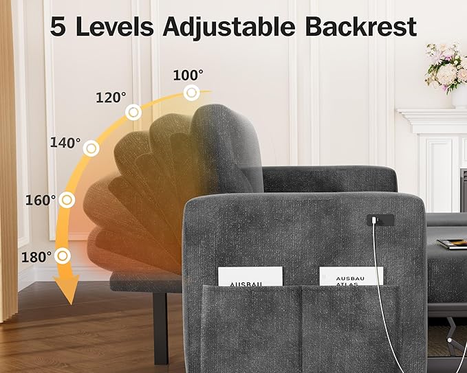 Vipbear 82 Sectional Sleeper Sofa with Pull Out Bed L Shaped Couch Sleeper Sofa Bed Pull Out Couch with Reclining Backrest Reversible Storage Chaise USB Ports Tool-Free Assembly Chenille Grey