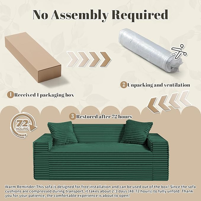 75 Cloud Loveseat Sofa 26 Deep Seat Boneless Couches for Living Room Modern 3 Seater Sofa with Throw Pillows Corduroy Compression Sofa in Box No Assembly Couch for Bedroom Dorm Dark Green