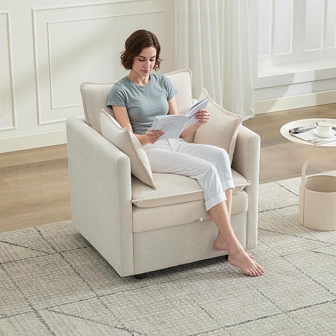 30 Cloud Modular Single Sofa Chair with Storage Modern Upholstered Accent Chair Deep Seat Chenille Reading Lounge Armchair for Living Room Bedroom Small Space Beige