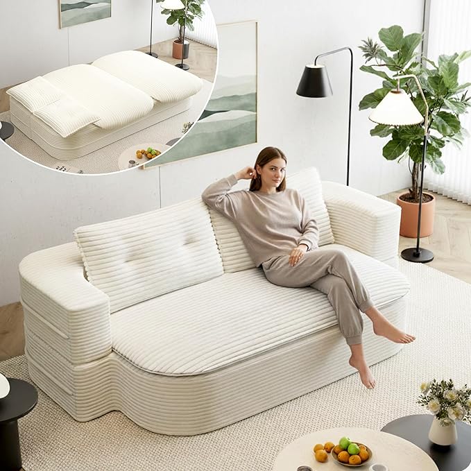 78.7'' Folding Sofa Bed Queen Sleeper Sofa 2-in-1 Convertible Corduroy Boneless Couch with Blanket Modern Futon Loveseat Couches for Living Room Guest Bed No Assembly Couch Beige