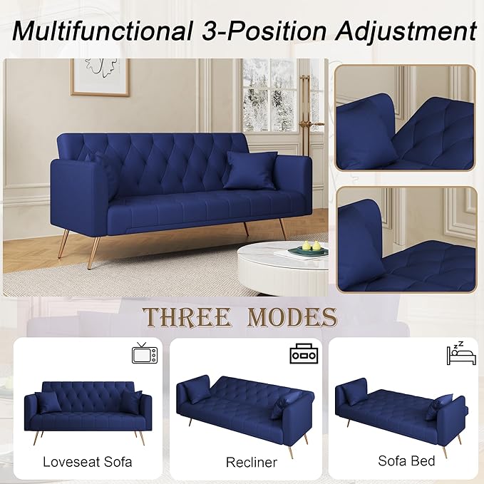 71 Futon Sofa Bed VelvetConvertible Sleeper Sofa CouchModern Folding Futonwith 3 Adjustable Backrests and 2 Pillowsfor Small Living Room Bedroom Office (Blue)