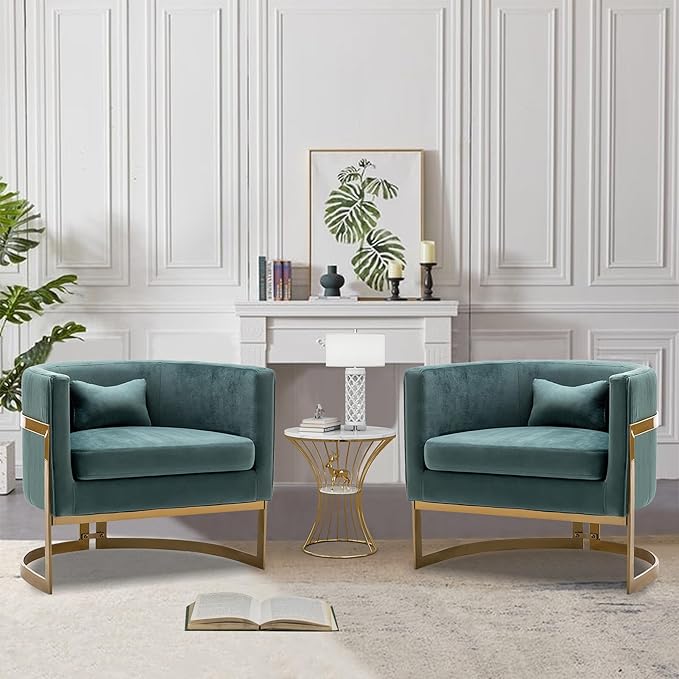 Velvet Accent Chair Modern Upholstered Arm Chair for Living Room Bedroom Sofa Side Chair Velvet Barrel Chair with Gold Legs Lake Blue