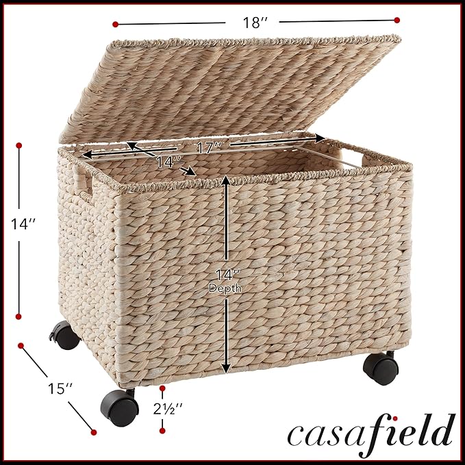 Casafield Rolling Filing Cabinet Whitewash - Water Hyacinth File Organizer with Lid and Locking Wheels Home Office Storage for Hanging Folders