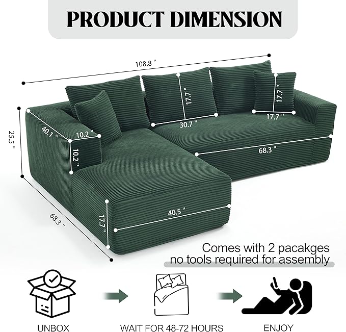 108.7'' Sectional CouchL Shaped CouchPlush Corduroy FabricUpholstered Couches for Living Room BedroomNo Assembly Required(Left Facing Chaise) Green