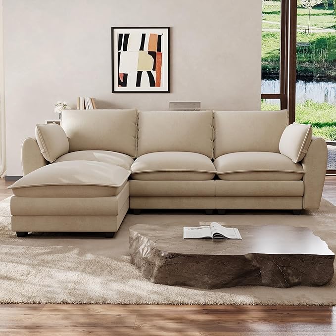 Cloud Couch Sectional Sofa 103.6 Comfy L Shape Sectional Couches for Living Room Modern Chenille 4 Seat Cloud Sofa Deep Seat Modular Couch with Movable Ottoman for ApartmentLight Brown