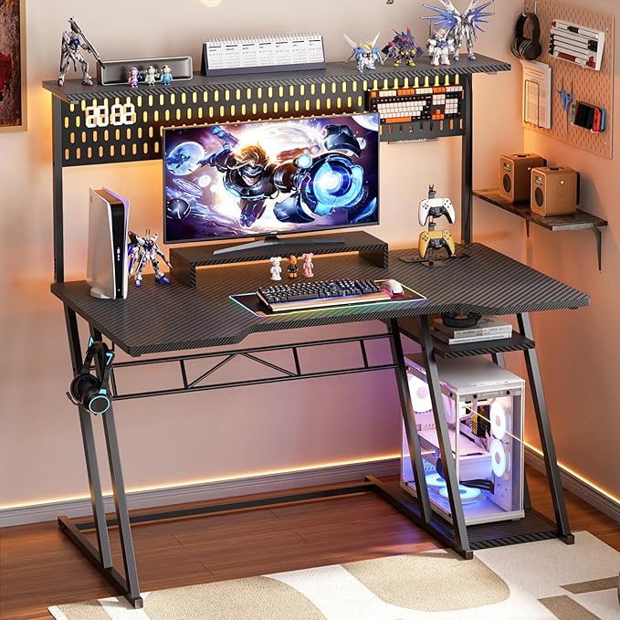 Armocity Gaming Computer Desk with Shelves and Outlets Gaming Desk with Hutch and LED Lights Reversible PC Gaming Desks with Pegboard Carbon Fiber Black 47''