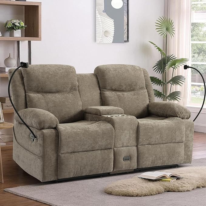 Manual Reclining Loveseat Sofa with Console Chenille Upholstered Couch for RV Living Room Apartment or Office Dual Recliners with Cup Holders Phone Holder Hidden Socket (Camel)