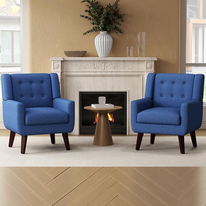 Linen Fabric Living Room Chairs Accent Chair Mid Century Modern Armchair for Living Room Bedroom Button Tufted Upholstered Comfy Reading SofasVanity Chair (2 Navy)